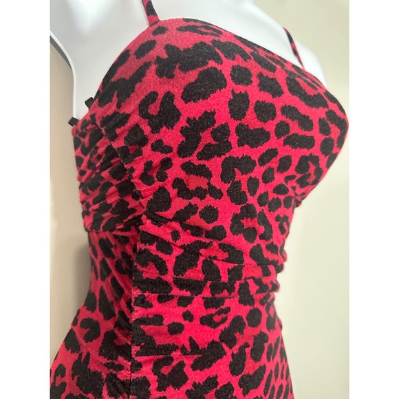 JLUXLABEL Womens Red Black Cheetah Leopard Print Ruched Bodycon Midi Dress Small - Picture 3 of 6